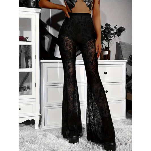 High-Waist Flared Black Pants with Lace Trim